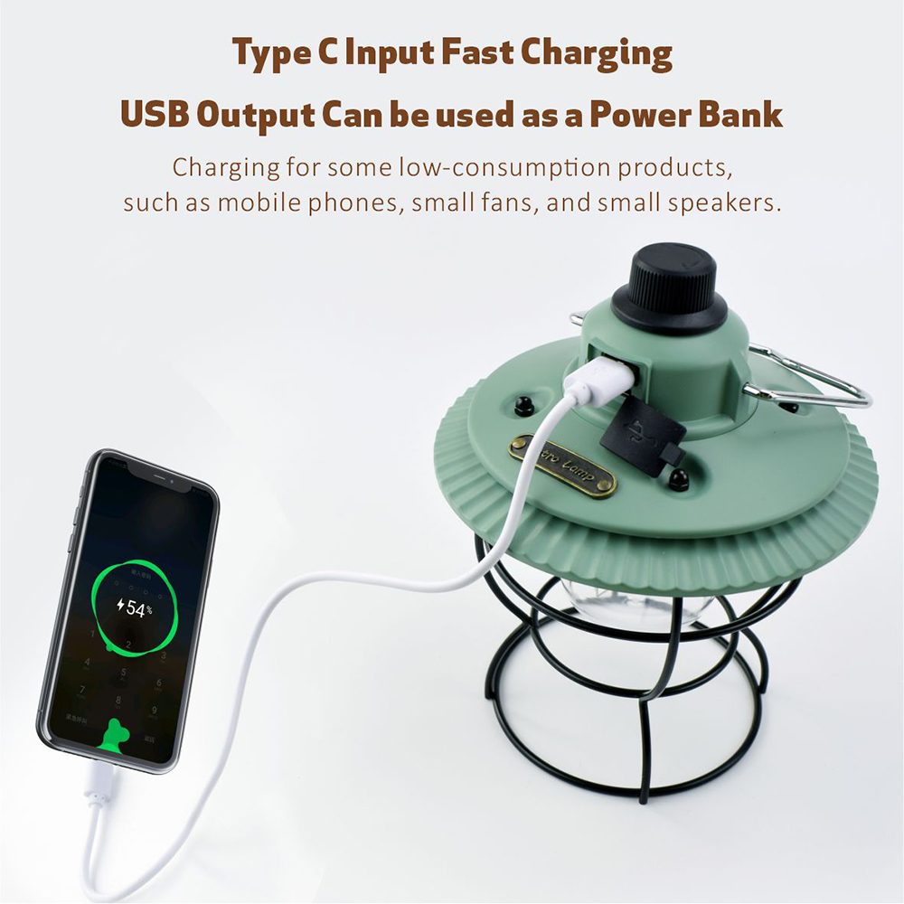 Lámpara de campamento portátil, lámpara vintage, recargable por USB, resistente al agua, retro, LED, para exteriores, para acampar