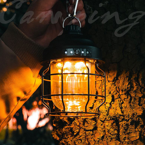 Mini linterna portátil recargable vintage para acampar con mosquetón LED retro para exteriores, para tienda de campaña