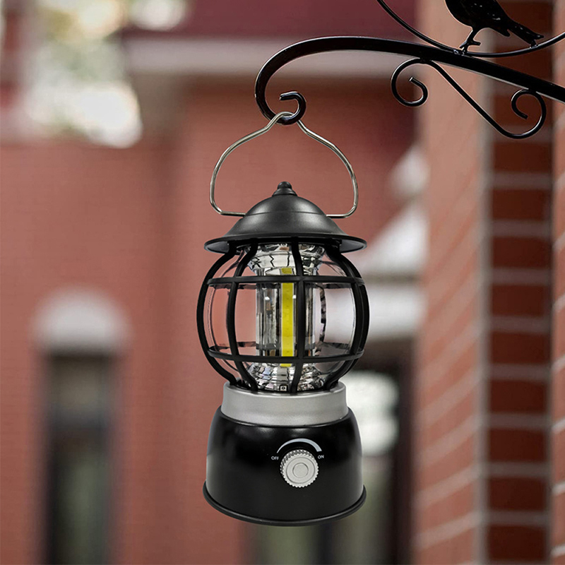 Lámpara de camping LED retro con interruptor de atenuación COB brillante con gancho y batería 3AA, lámpara de camping vintage para exteriores