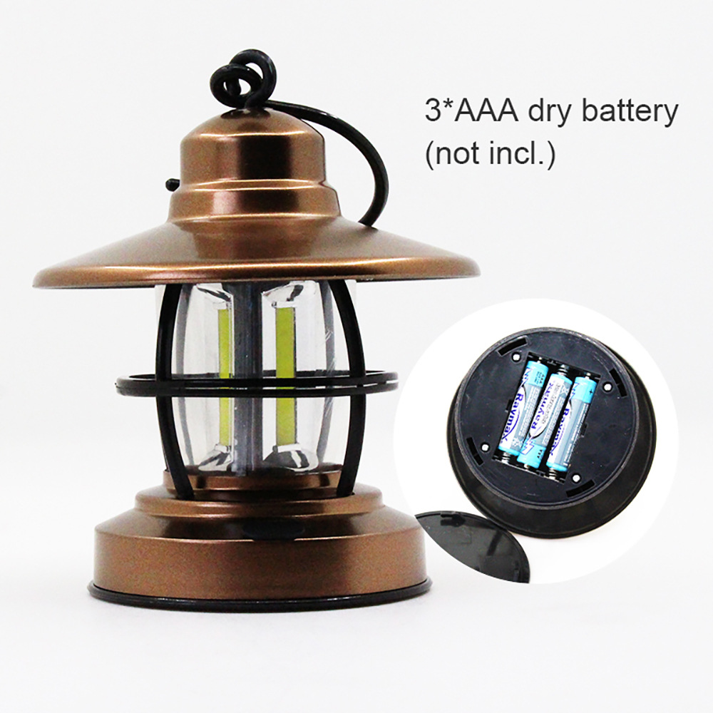 NUEVA COB con gancho para colgar, interruptor de atenuación, batería AA portátil, luz LED vintage para acampar, tienda de campaña al aire libre, linterna retro