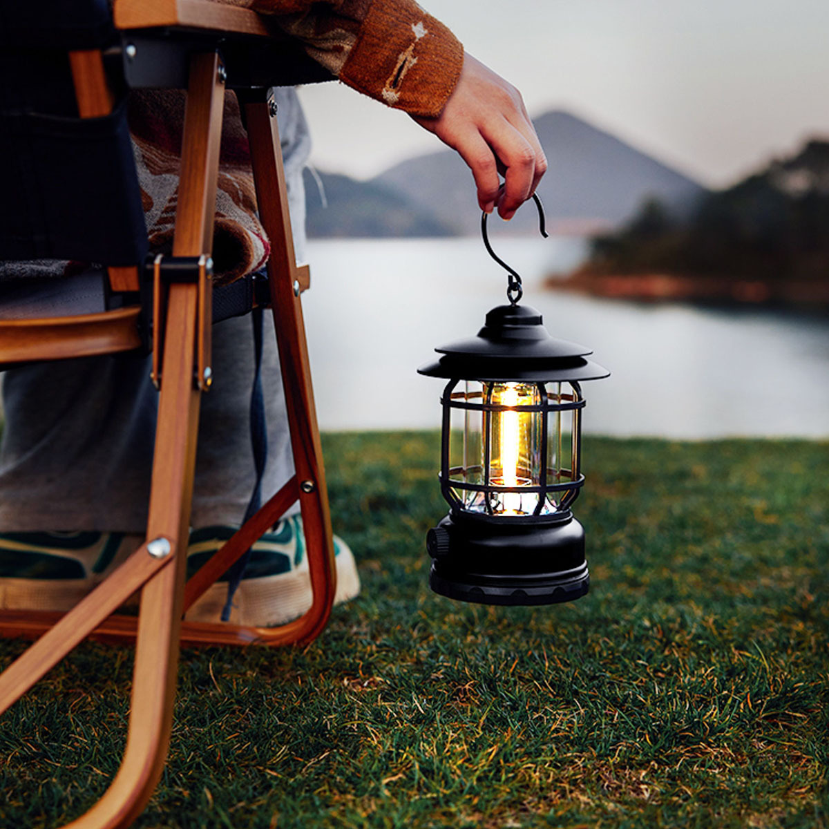 Linterna retro para tienda de campaña al aire libre con luz LED vintage y batería AA