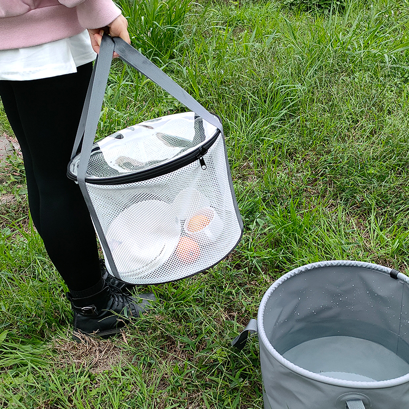 Cubo de agua plegable de PVC para pesca y lavado al aire libre con bolsa de cuerda para acampar, pescar y lavar
