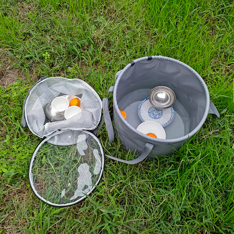 Cubo de agua plegable de PVC para pesca y lavado al aire libre con bolsa de cuerda para acampar, pescar y lavar