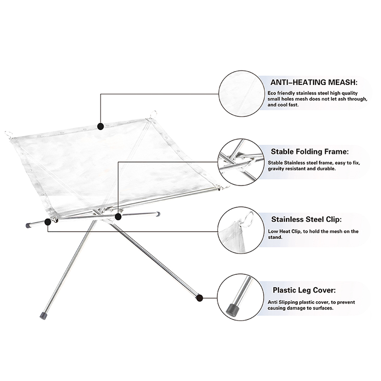 Fogón de malla plegable sencillo para exteriores, rejilla para fogatas de acero inoxidable