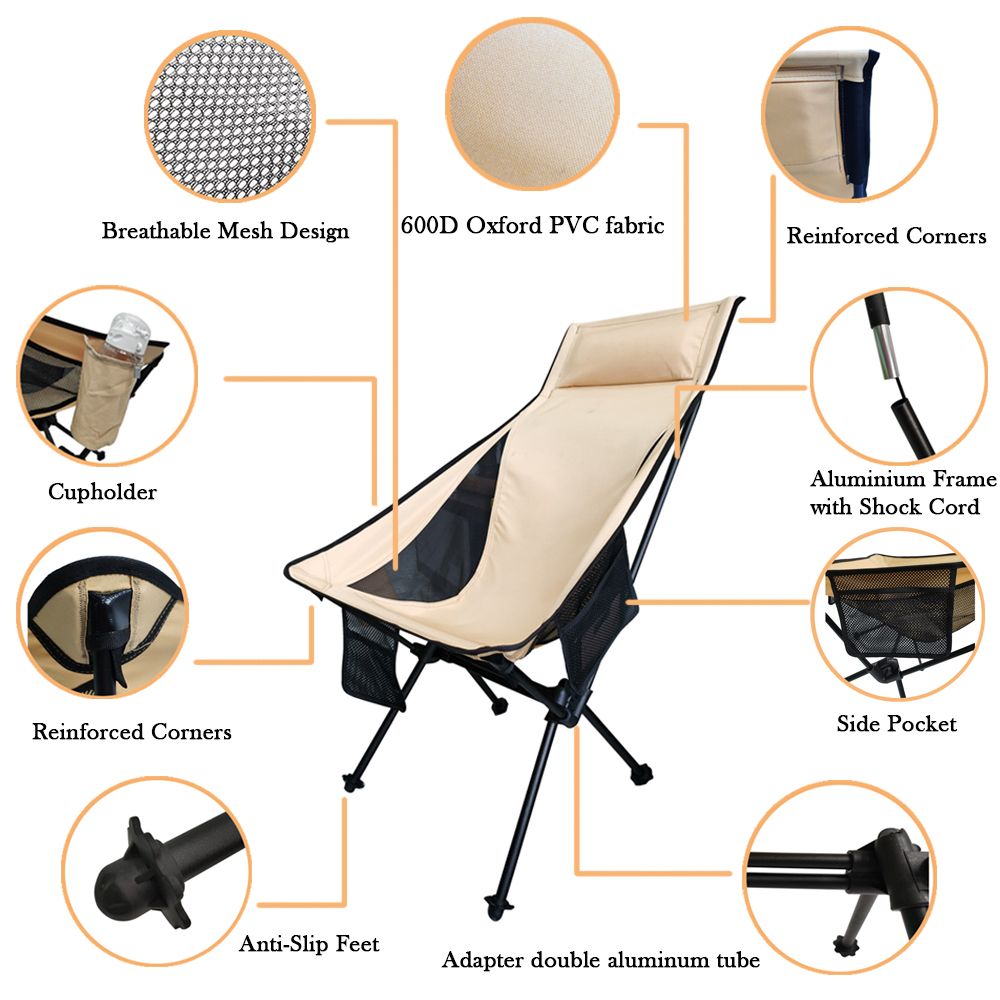 Silla plegable para acampar | Ultraligera, portátil, respaldo alto