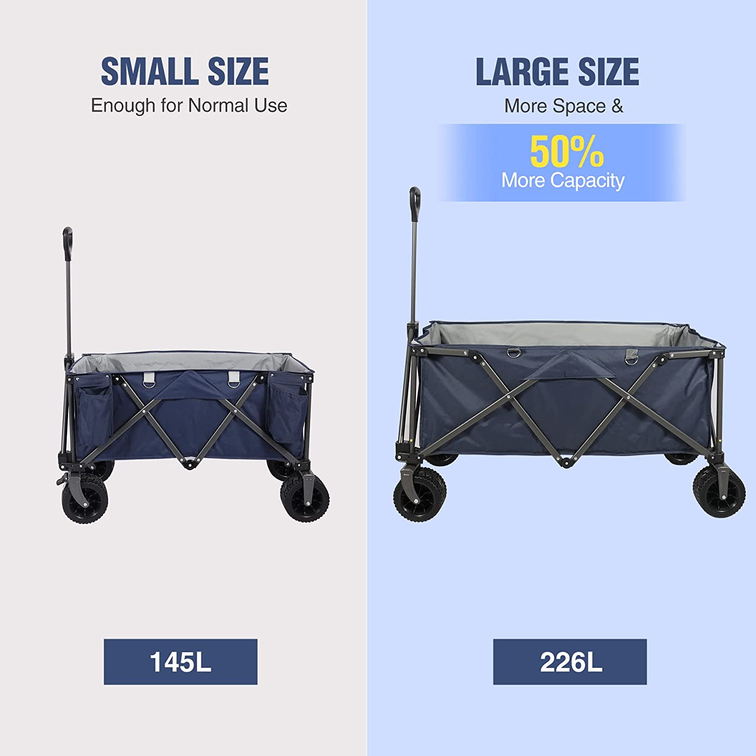 Carro plegable para acampar de 145 l/226 l con ruedas todoterreno, gran capacidad y asa ajustable