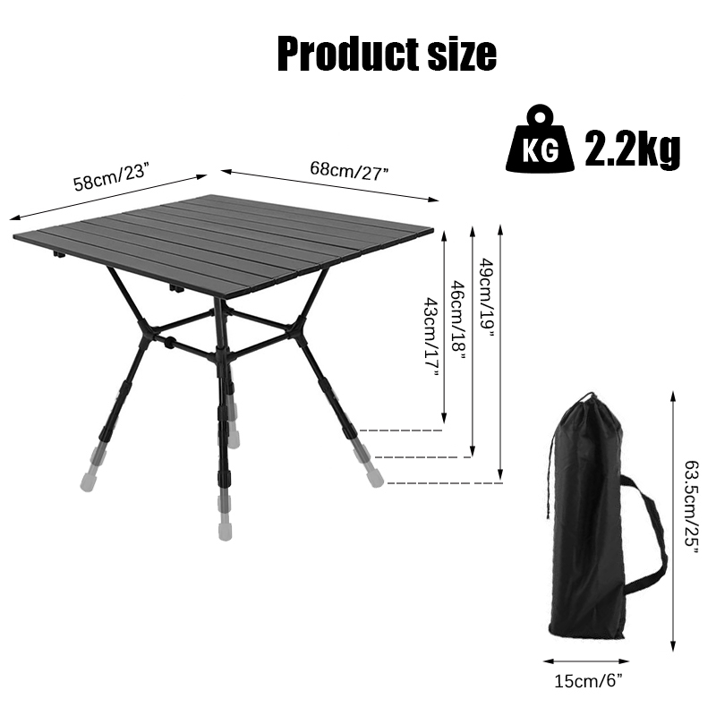 Mesa de camping plegable de aluminio portátil 2023 - Altura ajustable en 3 posiciones