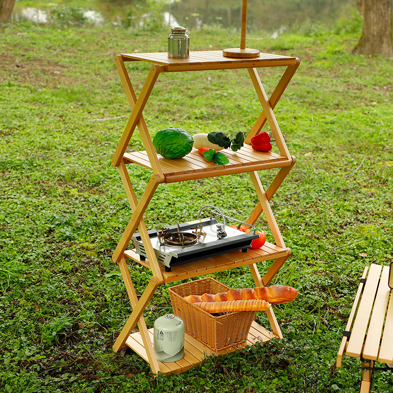 Estante y mesa plegables de madera de 4 niveles para acampar al aire libre, barbacoa, picnic y fiestas en el patio