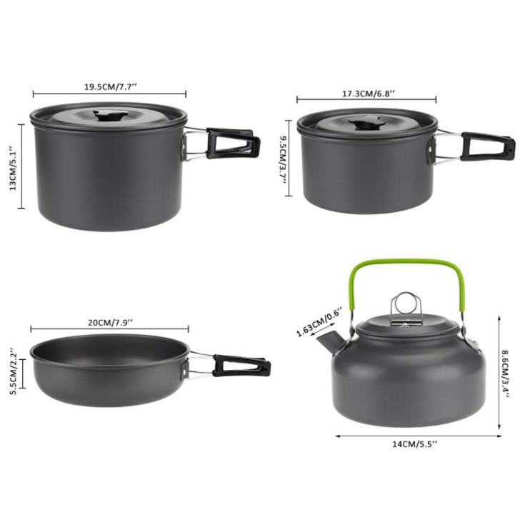 Juego de olla y sartén antiadherente de aluminio para acampar, color negro