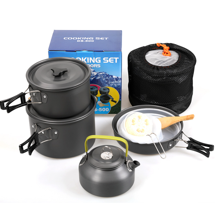 Juego de olla y sartén antiadherente de aluminio para acampar, color negro