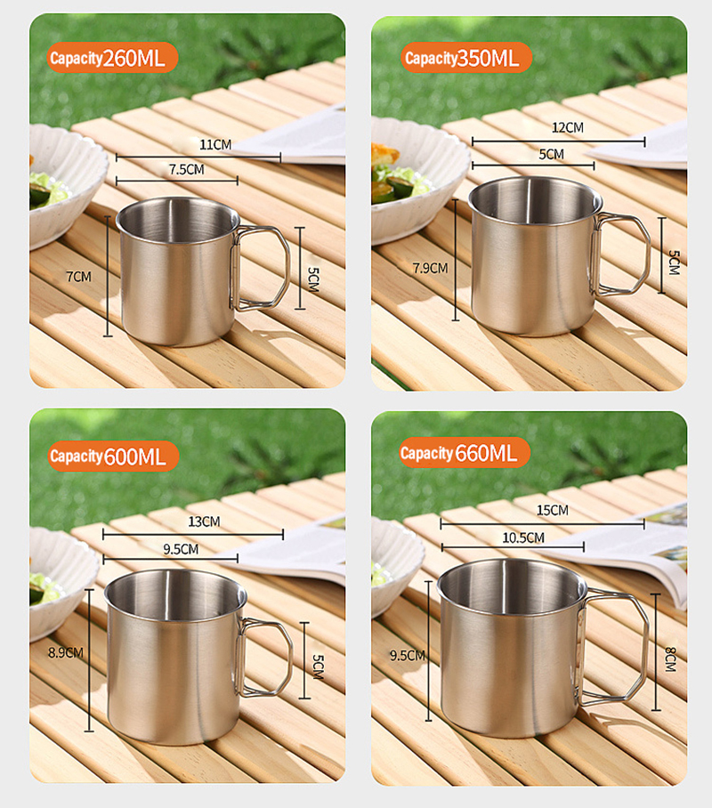 Vaso de agua plegable de acero inoxidable de 260-660 ml para llevar en el exterior, para acampar y picnic