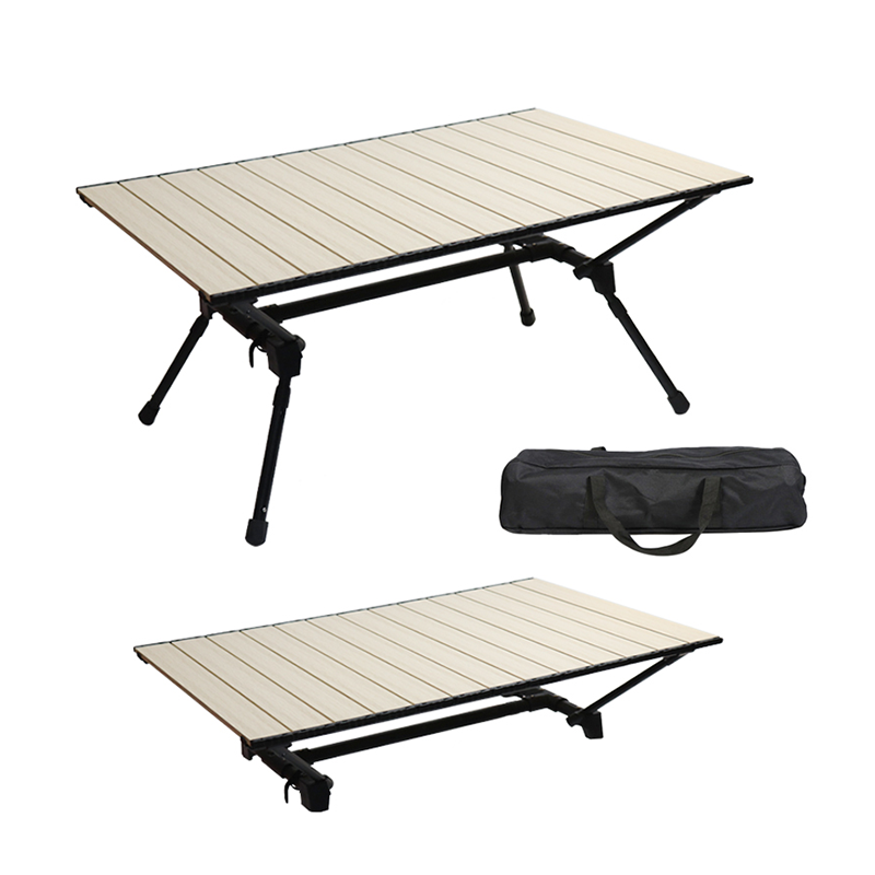 Mesa de camping plegable de aluminio portátil ultraligera: altura ajustable, tablero enrollable
