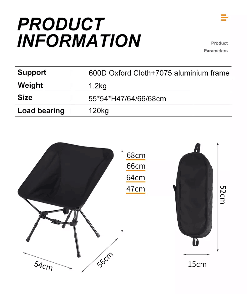 Silla de camping de aluminio con 4 alturas ajustables, soporte triangular, ultraligera y portátil