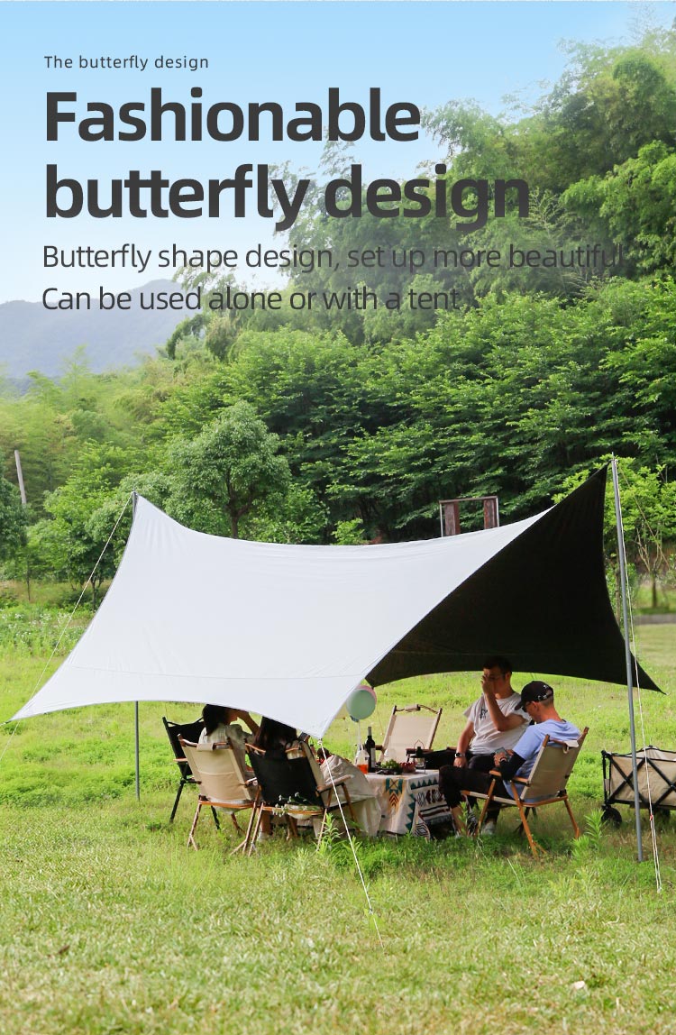 Toldo de vinilo para acampar con forma de mariposa: refugio para carpa impermeable con protección solar UPF 50