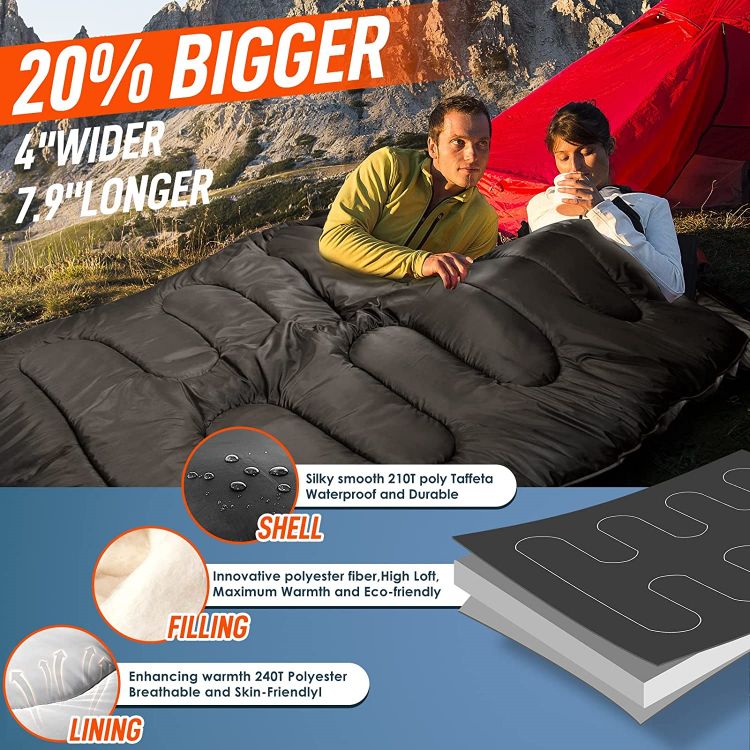 Saco de dormir impermeable para acampar para 2 personas con 2 almohadas