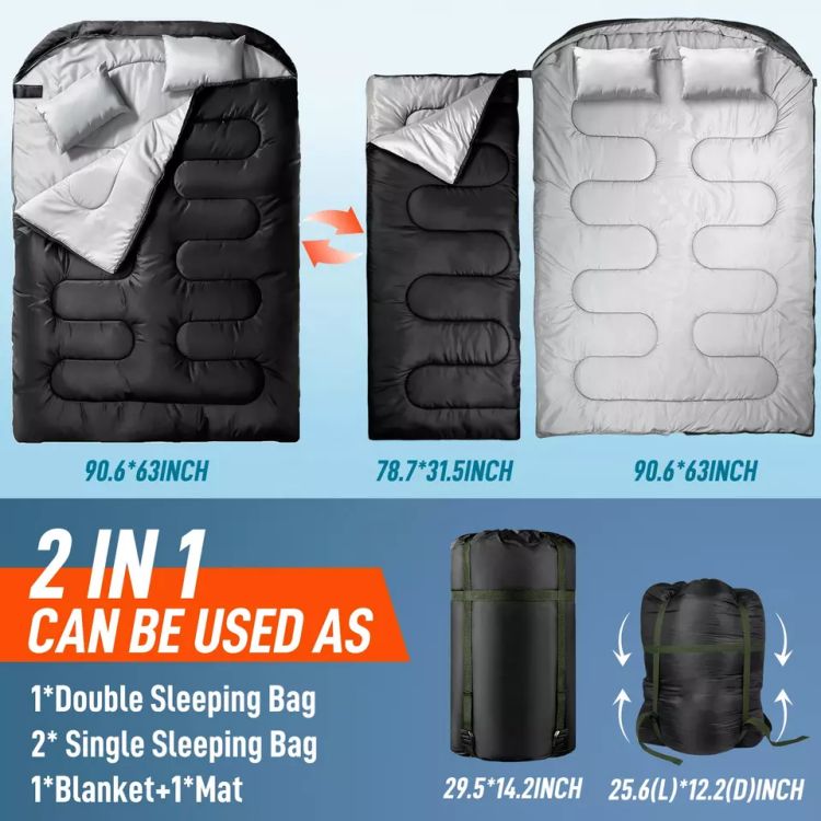 Saco de dormir impermeable para acampar para 2 personas con 2 almohadas