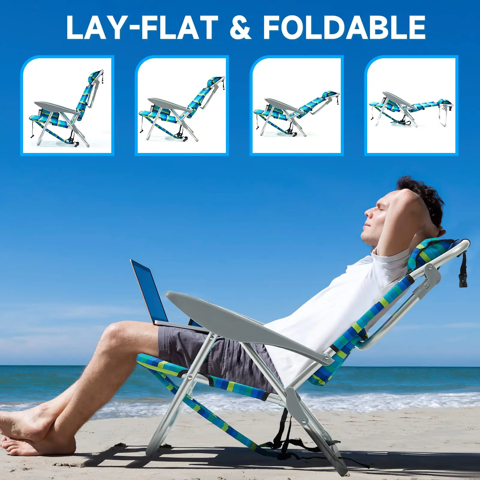 Silla de playa tipo mochila ajustable y plegable para reclinarse