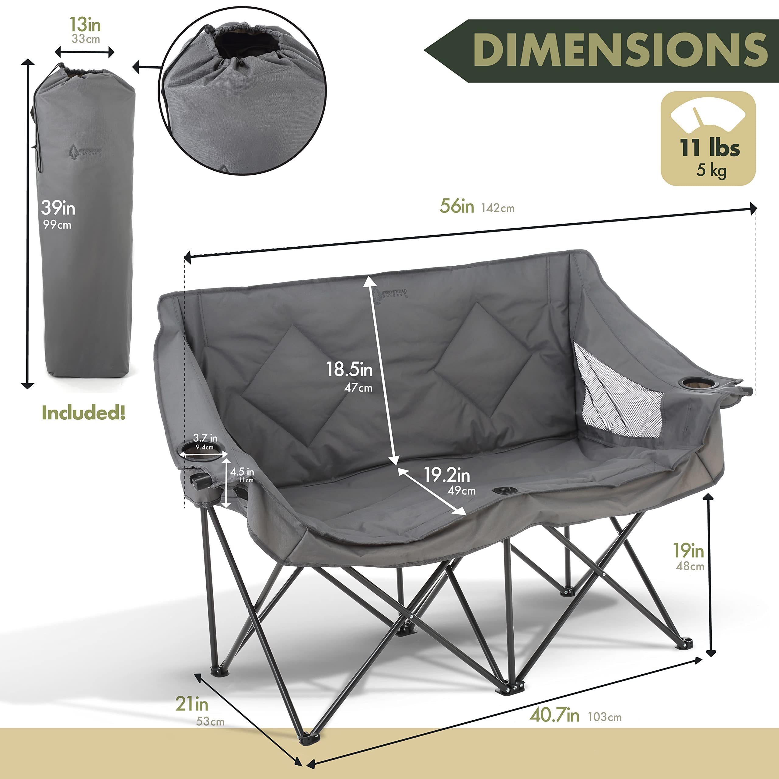 Silla de playa para acampar gruesa de dos asientos con reposabrazos