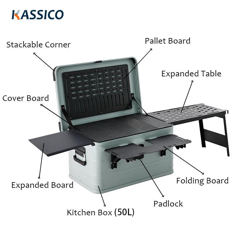 Caja de cocina para acampar de aluminio de 50 litros con mesa plegable y panel lateral