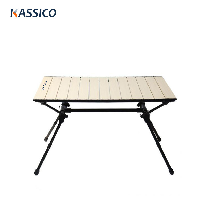 Mesa de camping plegable de aluminio portátil ultraligera: altura ajustable, tablero enrollable