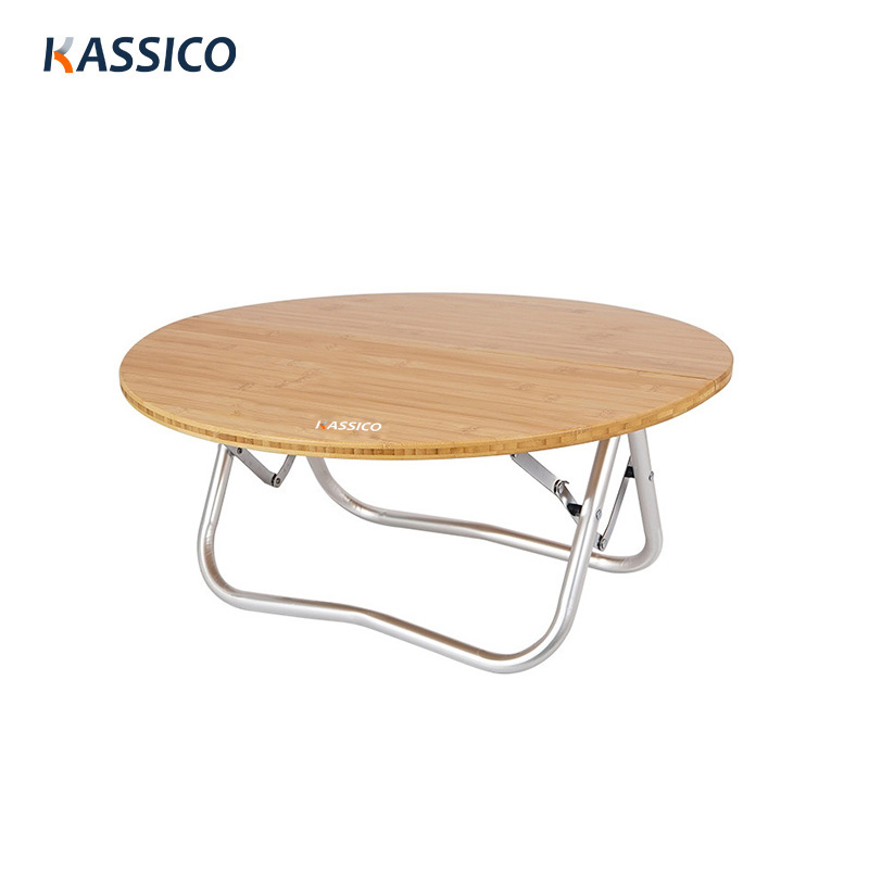 Mesa de viaje redonda plegable de bambú