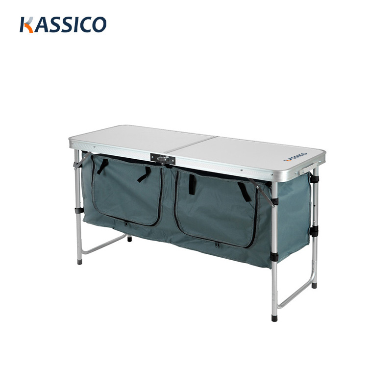 Mesa de cocina plegable portátil para campamento con organizador de almacenamiento y patas de altura ajustable