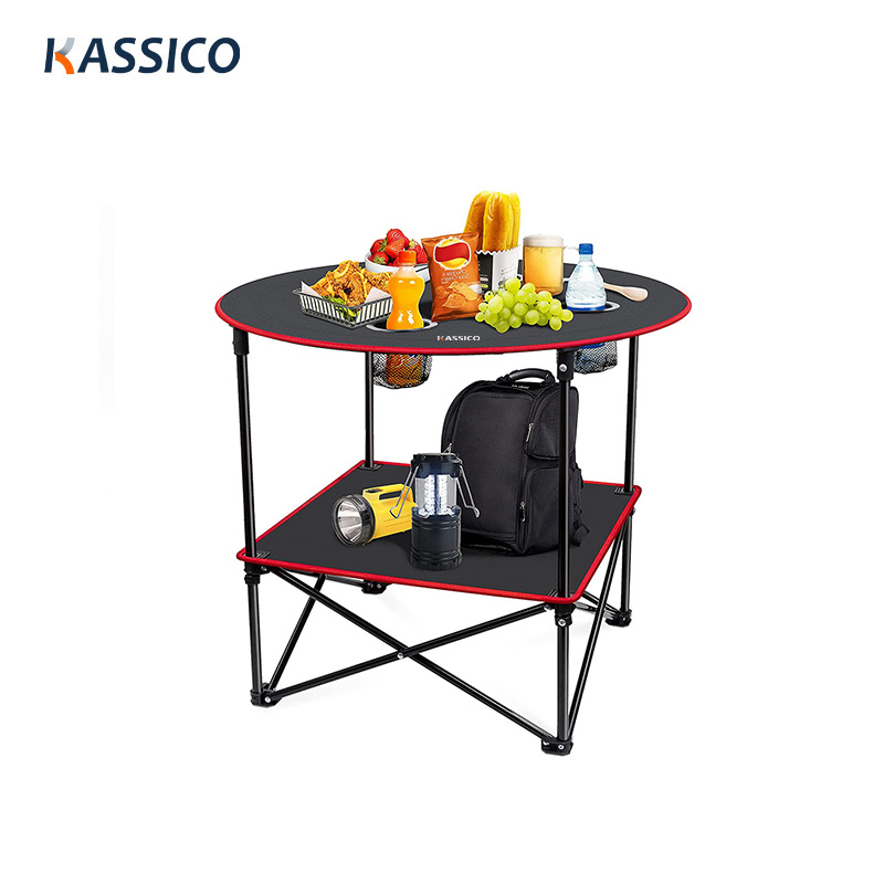 Mesa auxiliar de lona plegable portátil para acampar con 4 portavasos y marco de aluminio