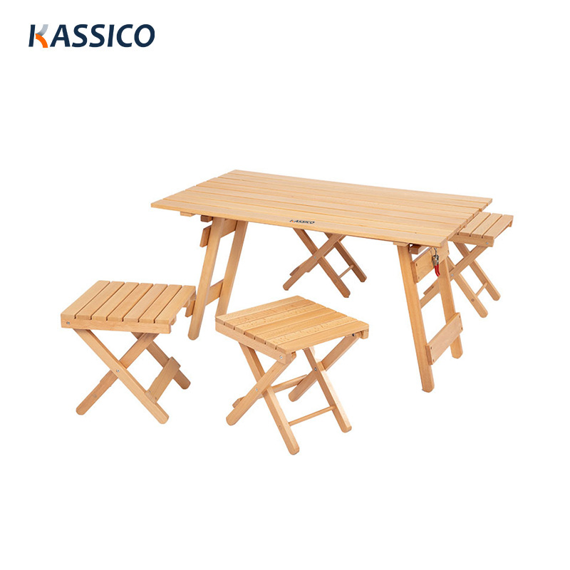 Juego de mesa y sillas de camping de madera de haya y roble