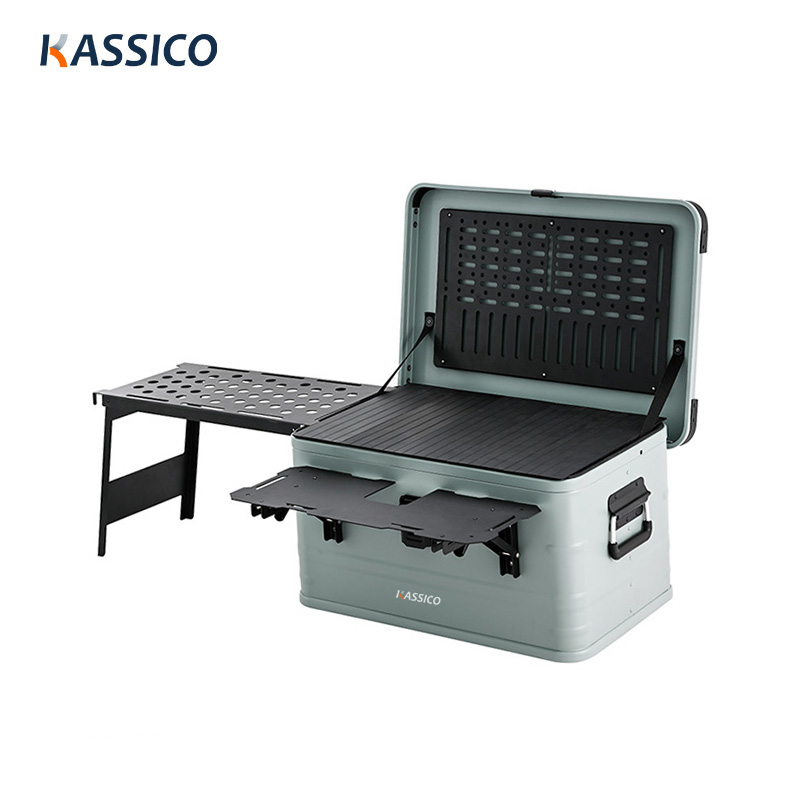 Caja de cocina para acampar de aluminio de 50 litros con mesa plegable y panel lateral