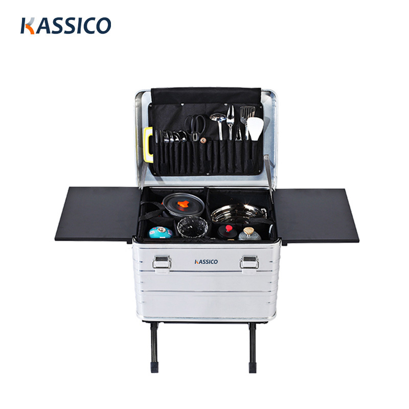 Cajas portátiles de cocina de aluminio para campamento con tablero lateral, divisor y plataforma para organizar
