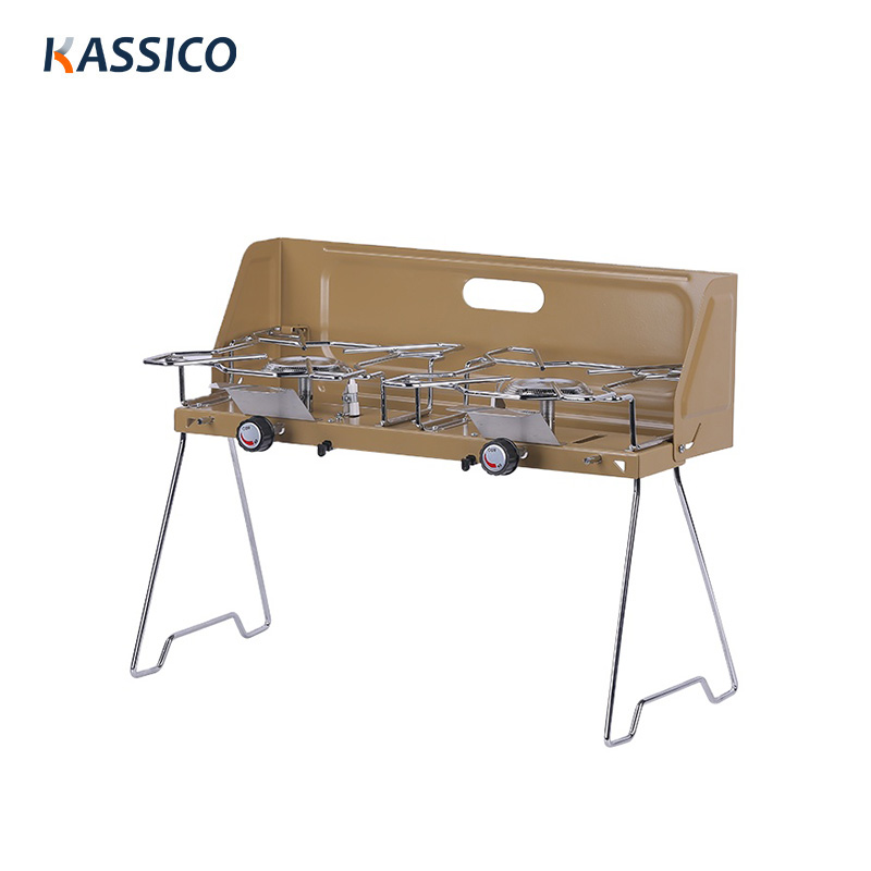 Estufa de gas para acampar con soporte plegable de 2 quemadores y parabrisas