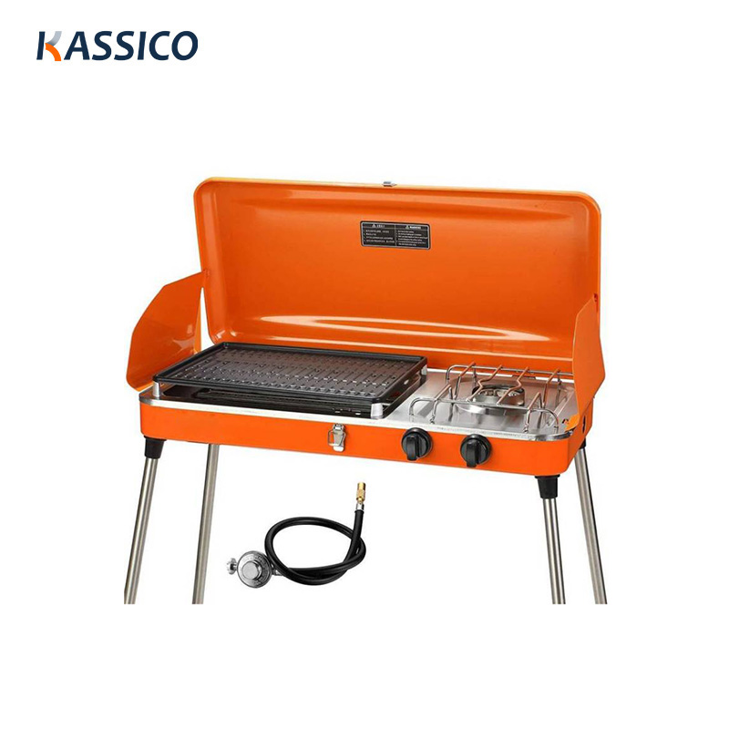 Estufa de gas portátil para exteriores y asador con rejilla y patas