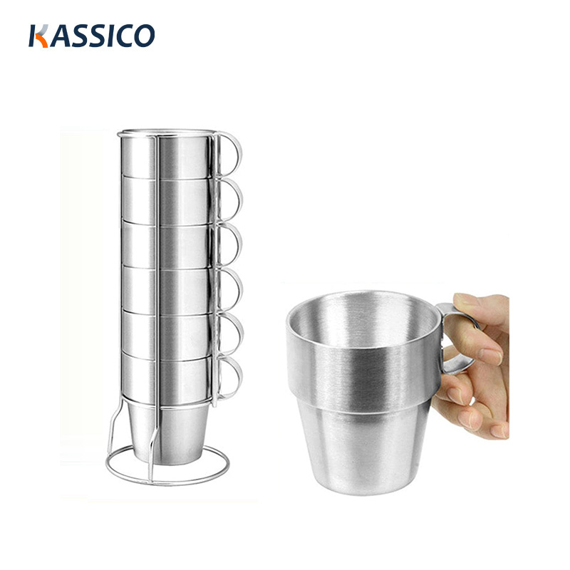 6 tazas de café de acero inoxidable de 10 oz, tazas para beber al vacío con doble aislamiento y asa