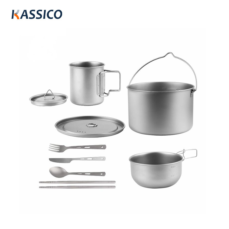 Juego de utensilios de cocina y vajilla antiadherentes de titanio para acampar al aire libre