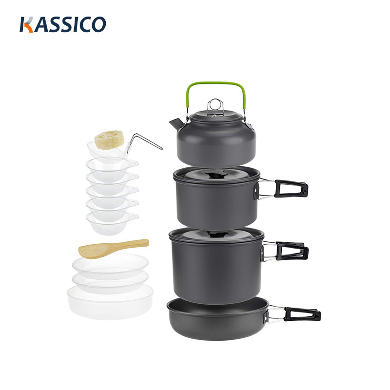 Juego de olla y sartén antiadherente de aluminio para acampar, color negro
