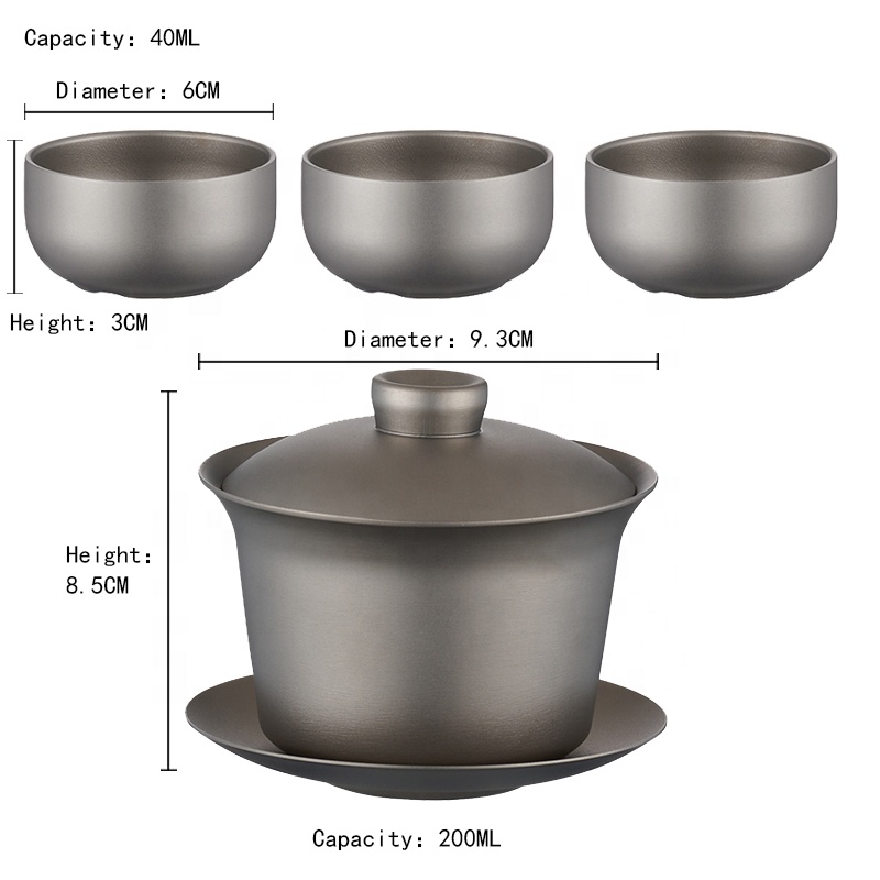 Juego de tazas de té portátiles de lujo de titanio de pared doble, tamaño pequeño