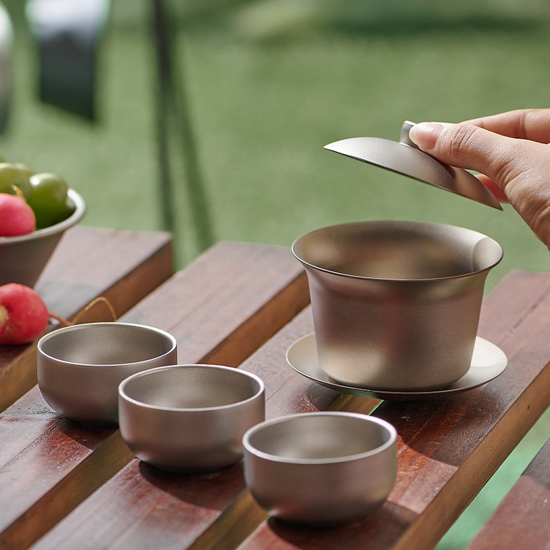 Juego de tazas de té portátiles de lujo de titanio de pared doble, tamaño pequeño