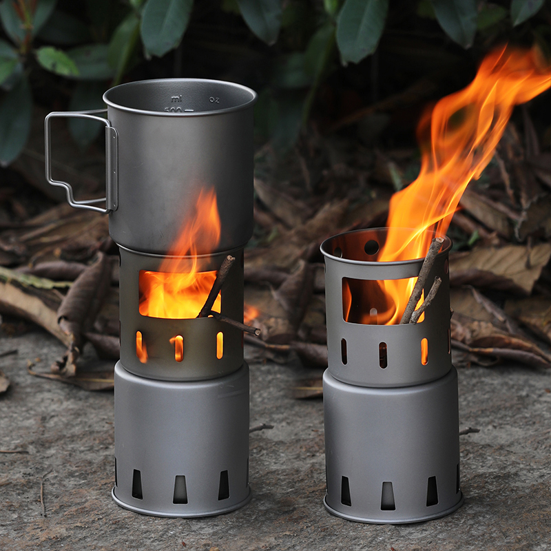 Mochila para acampar al aire libre con horno de combustión de titanio, juego de cocina con estufa de leña