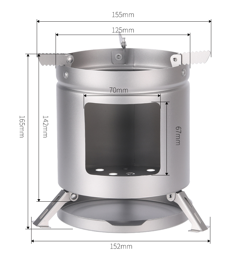 Estufa de leña de titanio para camping con soportes plegables
