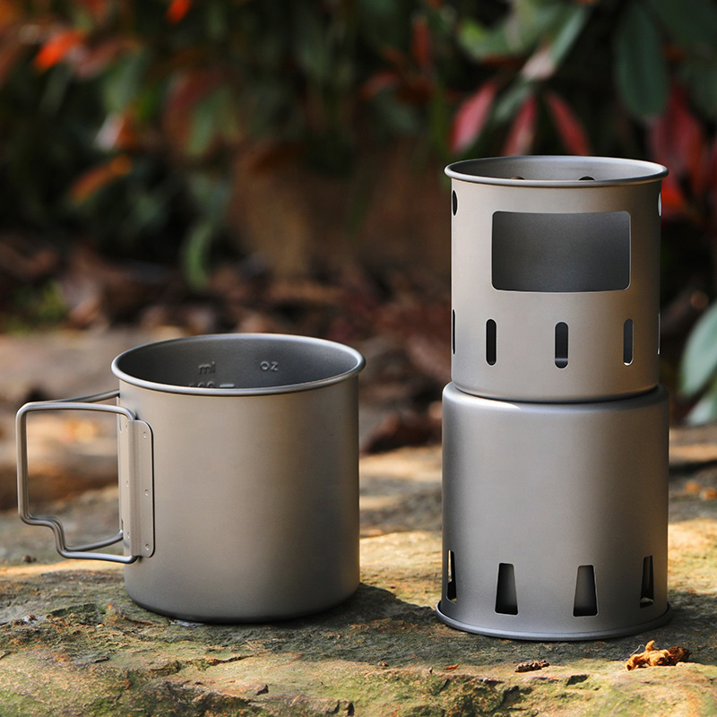 Mochila para acampar al aire libre con horno de combustión de titanio, juego de cocina con estufa de leña