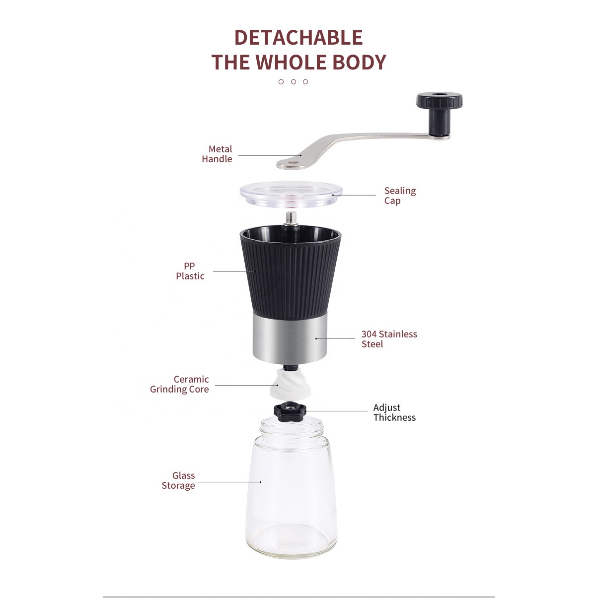 Molinillo de café manual con rebabas de acero inoxidable y núcleo de cerámica