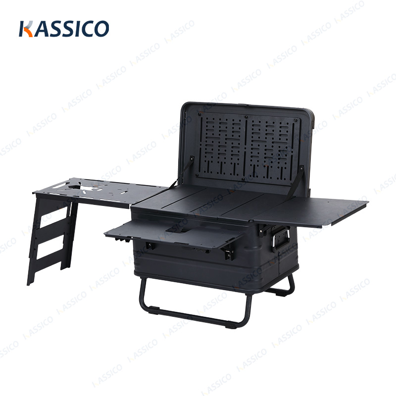Caja de cocina para acampar de aluminio de 50 litros con mesa plegable y panel lateral
