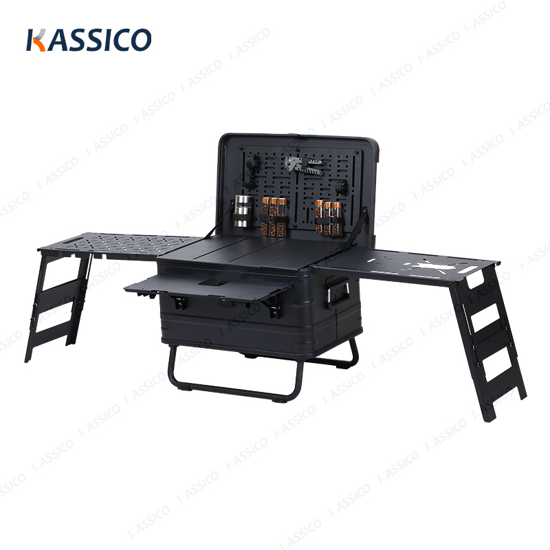 Caja de cocina para acampar de aluminio de 50 litros con mesa plegable y panel lateral